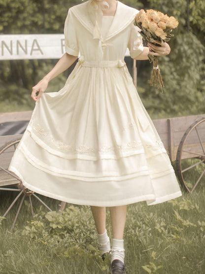 Fairy Embroidery Sailor Collar Dress + Natural Color Rose Tulle Over Skirt + Belt