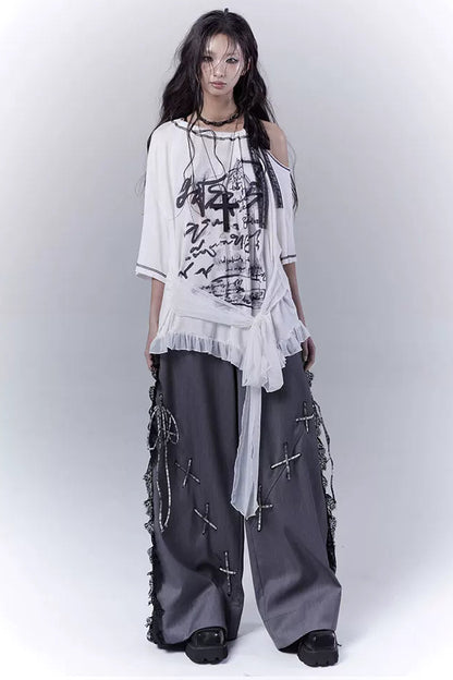 ダークバイカラーシークレットレースパッチワークパンツ