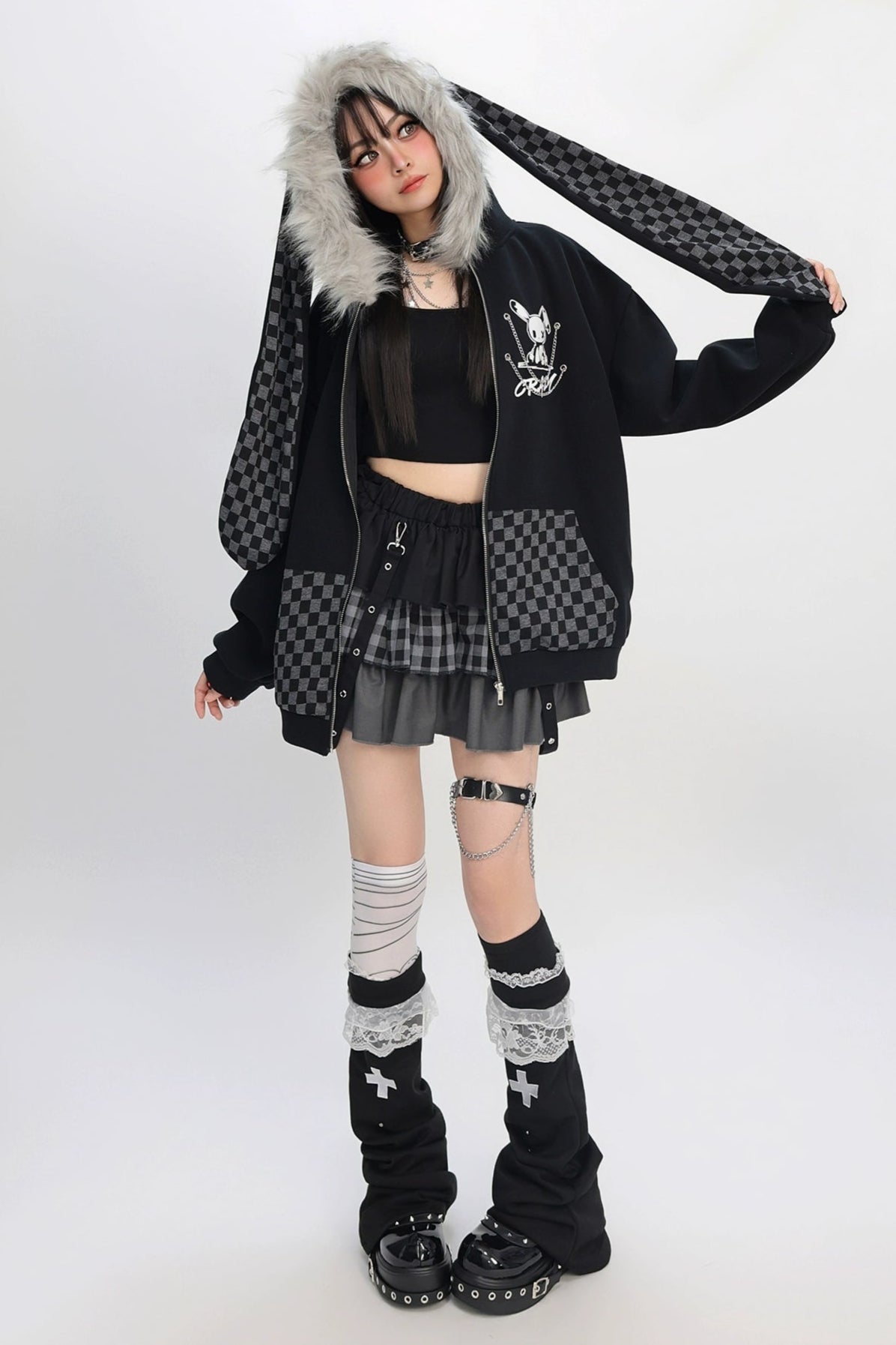 ファーチェックラビットフードパーカー