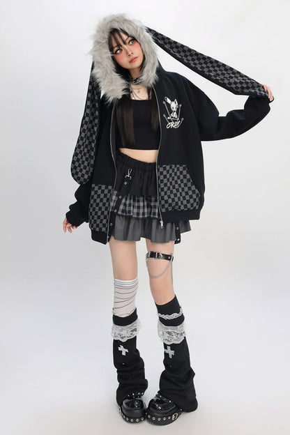 ファーチェックラビットフードパーカー