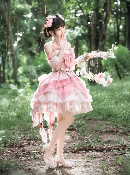 Sweet Pink Ribbon Wedding Lolita Dress + Waist Chain + Tail + Hair Accessories + Accessories