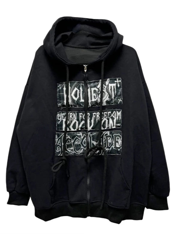 Punk Rock Print Loose Zip Hoodie