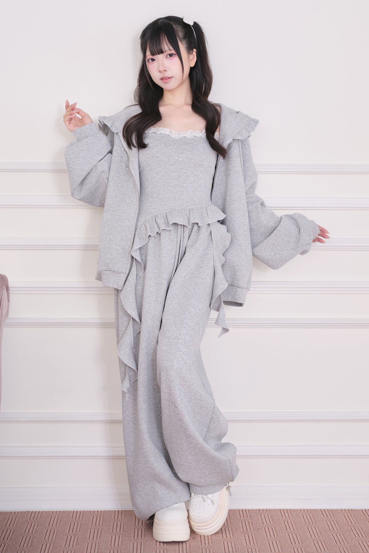 Lace Subculture Hooded Sweatshirt + Camisole + Shorts + Long Pants