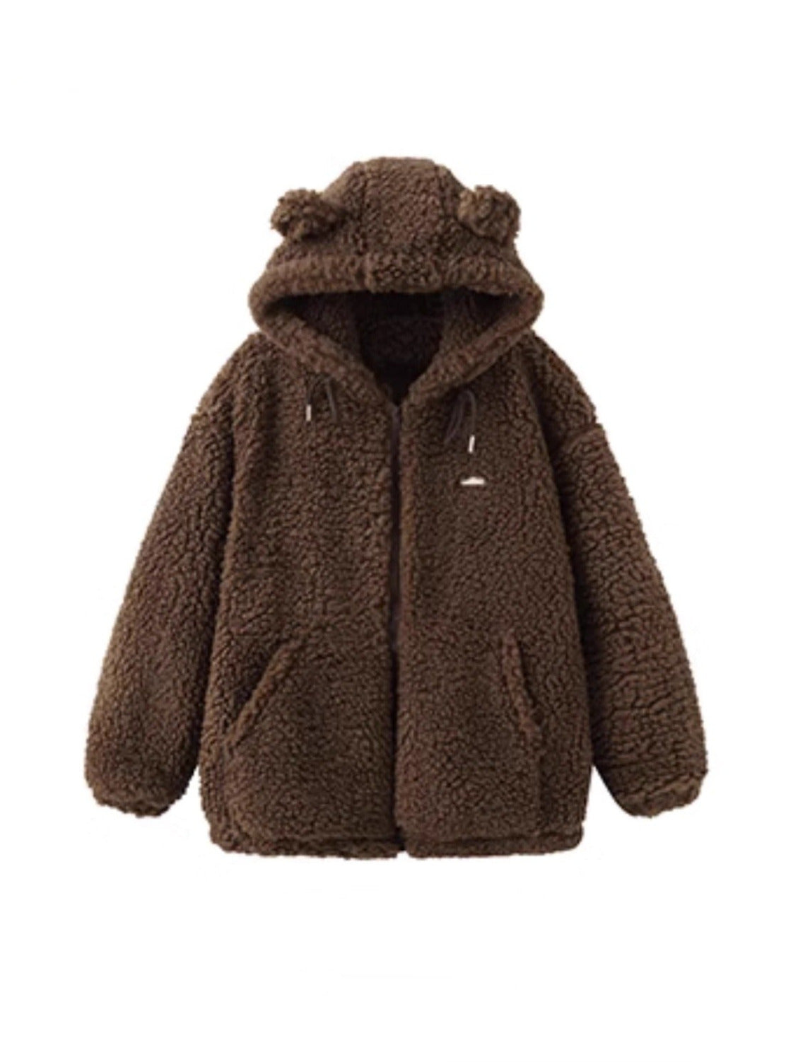 Bear Ears Hooded Lamb Wool Zipper Fur Coat