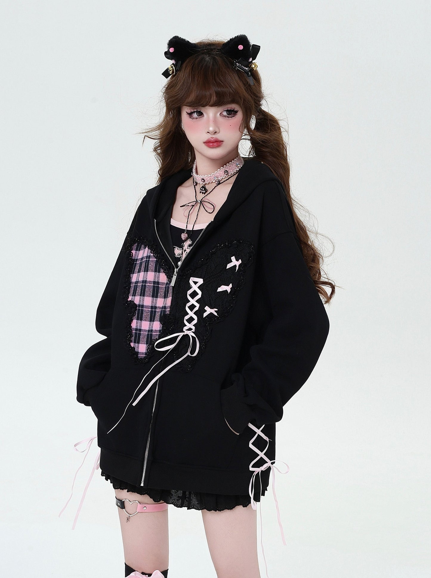 Lace-Up Design Loose Hooded Zip Hoodie