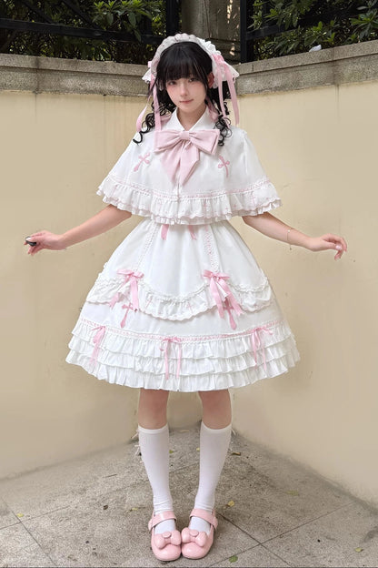 【10月4日予約締切】Blue & White / Pink & White Gothic-Inspired Sweet Lolita Ribbon Ruffle Dress＋Cross Embroidery Ribbon Cape