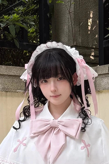 【10月4日予約締切】Four-color Gothic-style Sweet Lolita Cross Embroidery Ribbon Bonnet + Ruffle Scarf Headband