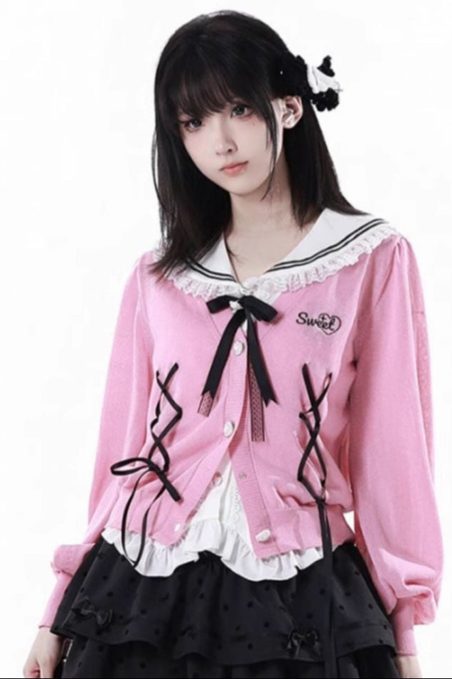 Cárdigan Dark Kawaii con cordones + Top marinero sin mangas + Falda