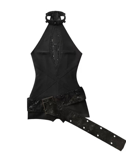 ダークモードノースリーブトップス+インナー+ベルト