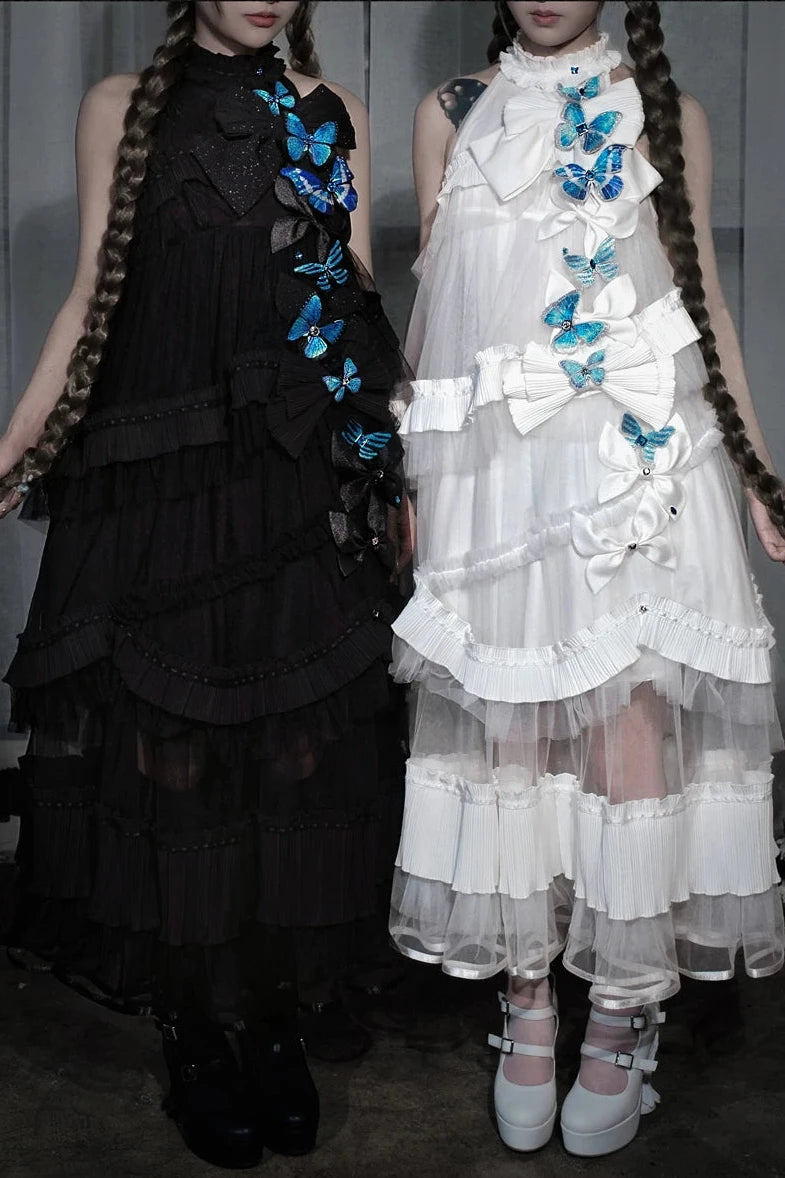 [Pre-order Deadline: October 14] Black/White Gothic Lolita Blue Butterfly Bow Tulle Ruffle Layered Halter Dress