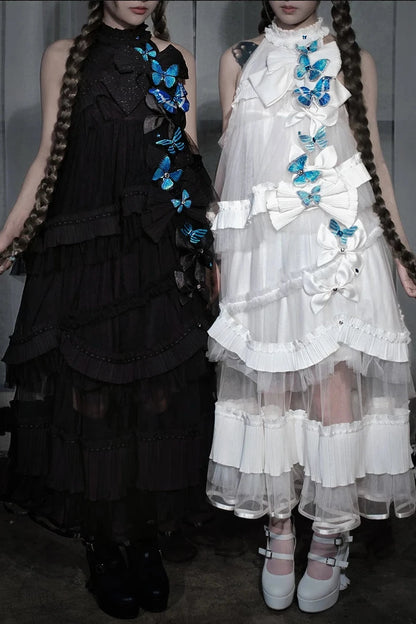 [Pre-order Deadline: October 14] Black/White Gothic Lolita Blue Butterfly Bow Tulle Ruffle Layered Halter Dress