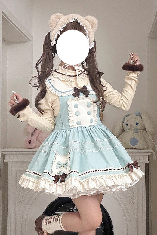 【Pre-order item】Chocolate Mint Sailor Collar Girly Maid Dress + Cake Hat