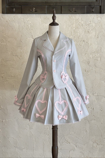 [Pre-order Deadline: June 28] Pink/Gray Vintage Lolita Heart Ribbon Tailored Jacket + Skirt + Tie