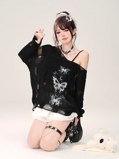 Butterfly Dark Damaged Loose Top