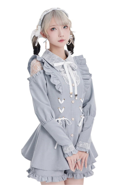 [Reserved product] Race Shear Shoulder Frill Ribbon Design Suit