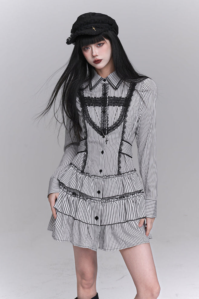 Gothic Style Striped Shirt Dress