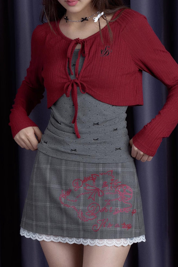 グレーチェックキャットプリントロウウエストスカート