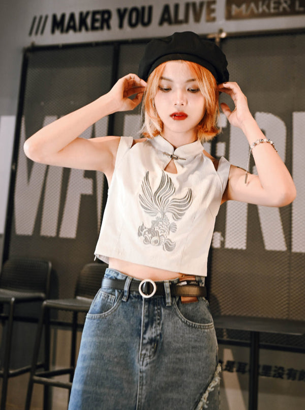 Cool China Embroidered Metal Buckle Cami Top