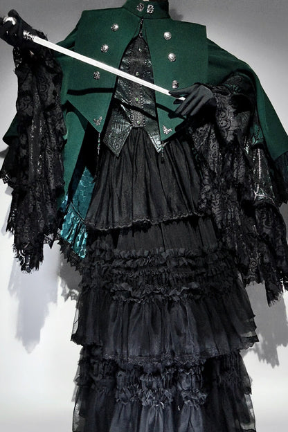 【9月5日予約締切】Dark Red/Dark Green Gothic Chain Layered Lace Cape Coat(Short Length/Long Length)