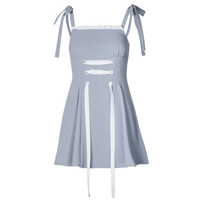 Blue-White Draped Sheer Chiffon Shirt + Strappy Suspender Skirt