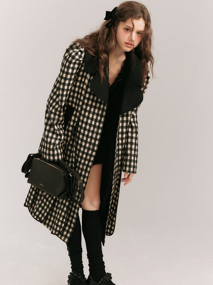 Big Collar Over Check Wool Coat