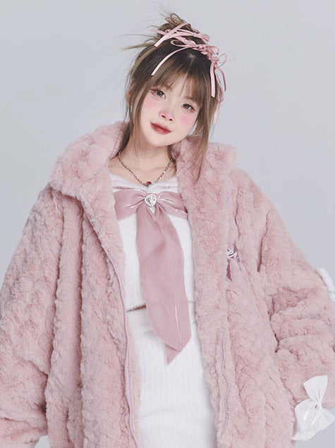 Design ribbon loose furry lamb's wool coat