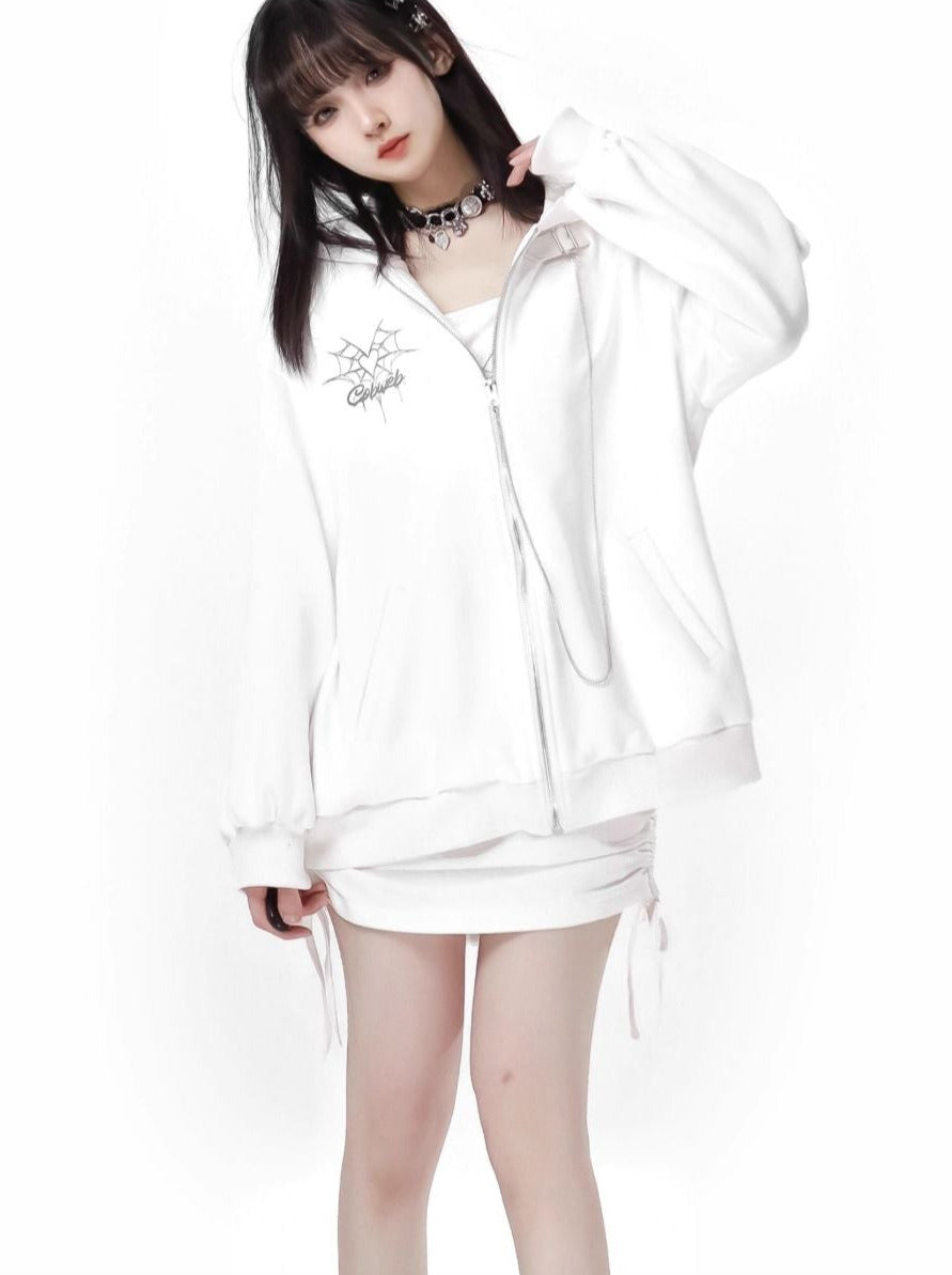 Spider Web Rabbit Ear Chain Strap Hoodie + Slim Suspender Dress