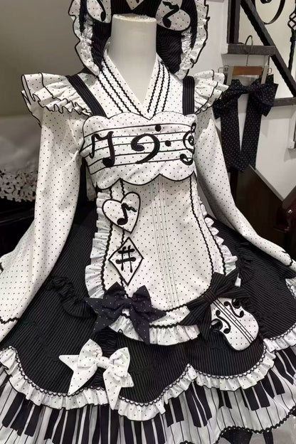 [Reservierungsschluss 15. August] Klassisches Piano-Lolita-JSK mit Rüschenträgern, Notenschleifen-Schürzenkleid-Set + Komplettset