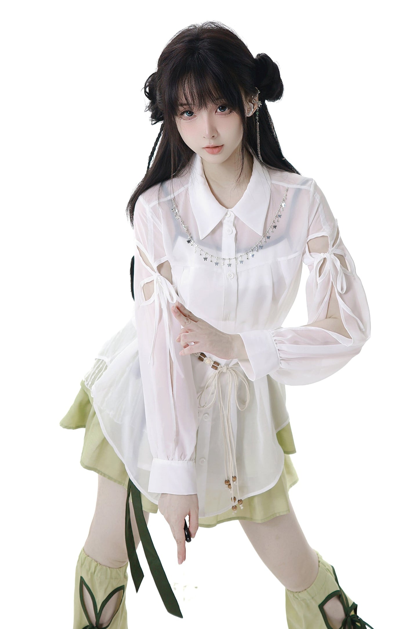 シフォンチャイナシャツ＋キャミソール＋ショートスカート＋ロングスカート＋レッグウォーマー