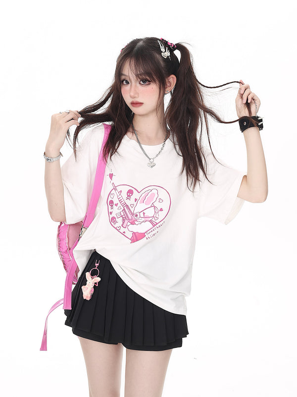 Original print drop shoulder T-shirt [Bear Heart Logo Rabbit]
