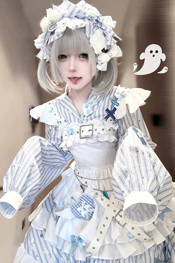 【11月5日予約締切】Blue White Striped Medical Lolita Nurse Sickly Kawaii Dress Suit Full Set (Shirt + Skirt + Apron + Back Ribbon + Leg Covers)