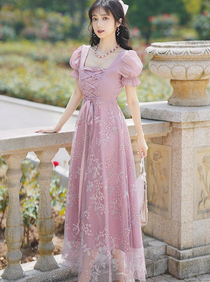 Square Neck Lace-Up Flower Dress