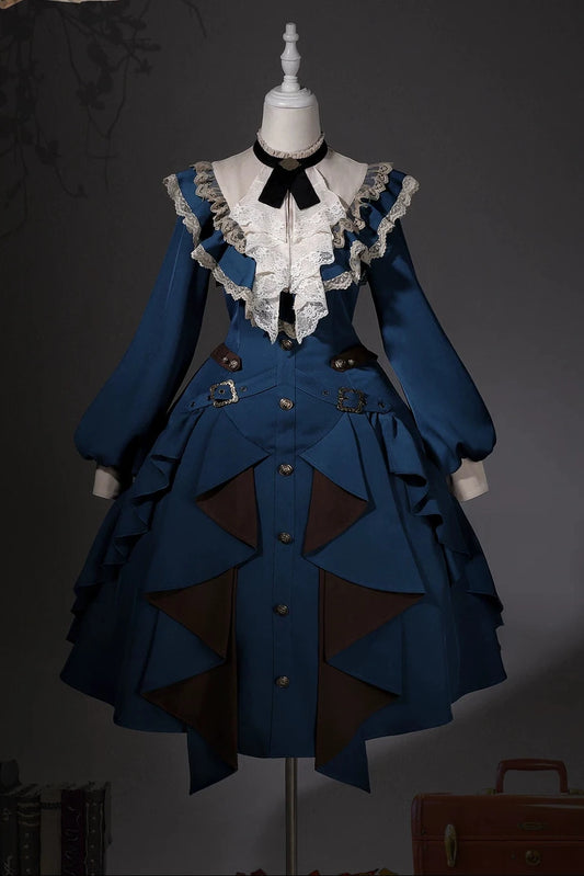 [Pre-order Deadline: November 10] Classic Navy Lace Dress with Jabot Collar, Buckle and Layered Ruffles
