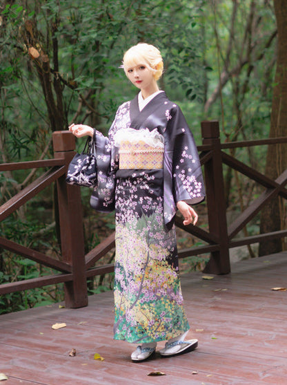Ensemble de 9 pièces de yukata rétro féminin avec motif asymétrique de fleurs de cerisier la nuit.