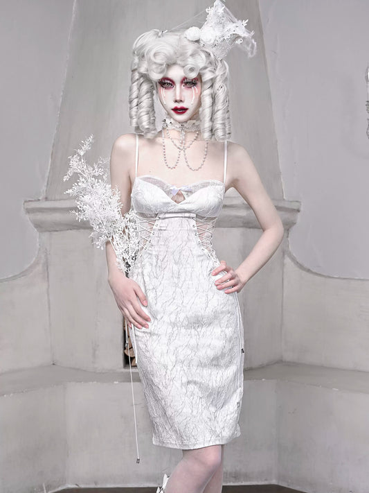Sleeping Alice White Gothic Dark Strap Jacquard Slim Suspender Dress [Reserved].