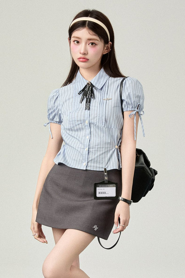 Solid Color College Style Short Sleeve Shirt