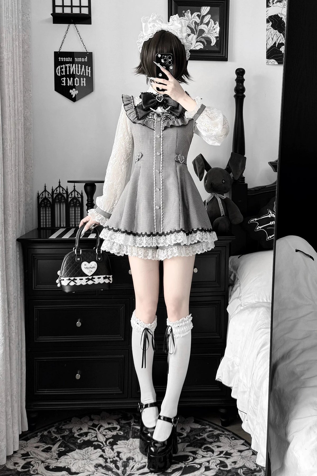 [Pre-order Deadline: November 15] Houndstooth Lace Sleeve Ruffle Dress + Matching Shorts + Pearl Ribbon Set