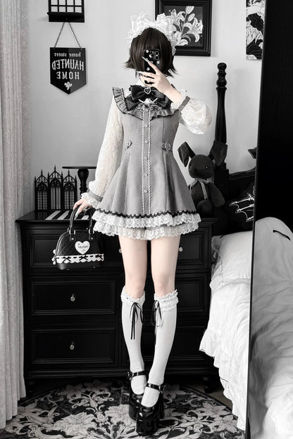 [Pre-order Deadline: November 15] Houndstooth Lace Sleeve Ruffle Dress + Matching Shorts + Pearl Ribbon Set