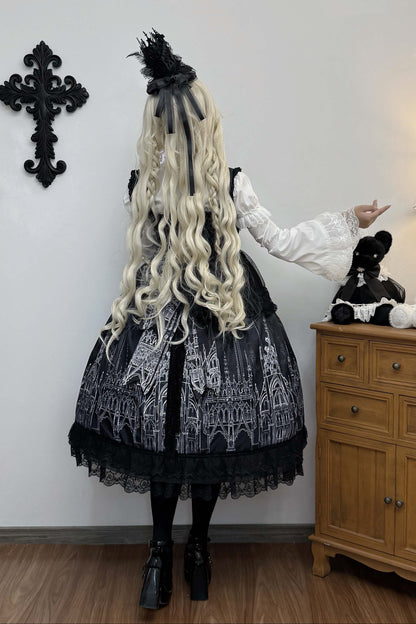 【10月13日予約締切】Gothic Lolita Black White Cathedral Series Accessories(Flat Hat, Crown Mini Hat, Sash, Back Ribbon Train, Waist Apron, Castle Flower Brooch, Brooch, Jabot)