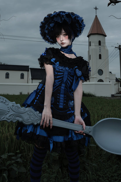 【11月4日予約締切】Blue-Black/Red-Black/Purple-Black Gothic Lolita Puff-Sleeve Lace Bow Doll Dress With Bone Embroidery Apron
