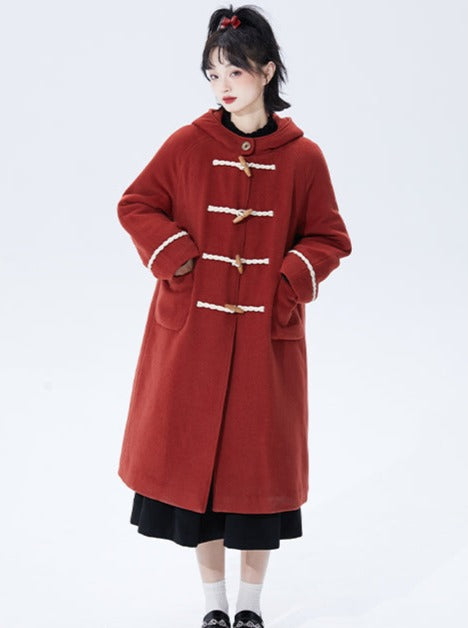 Cut Red Horn Button Hooded Coat