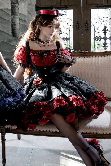 【4月28日预售截止】红蓝×黑色优雅哥特洛丽塔束身胸衣叠层JSK连衣裙+露肩蕾丝泡泡袖上衣