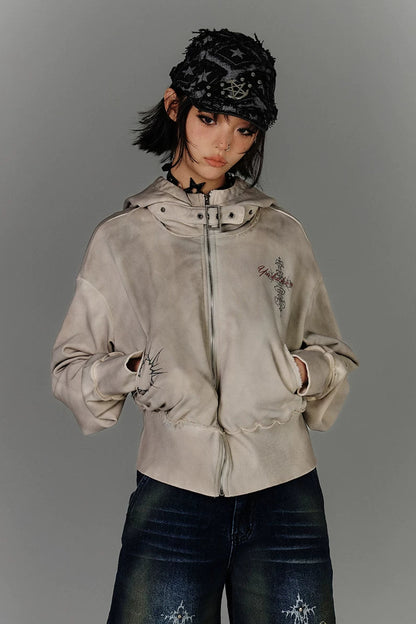 モードジッパーバイカーフードジャケット