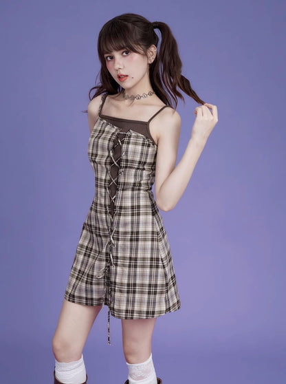 Logo Sweat Top + Check Lace-Up Camisole Dress