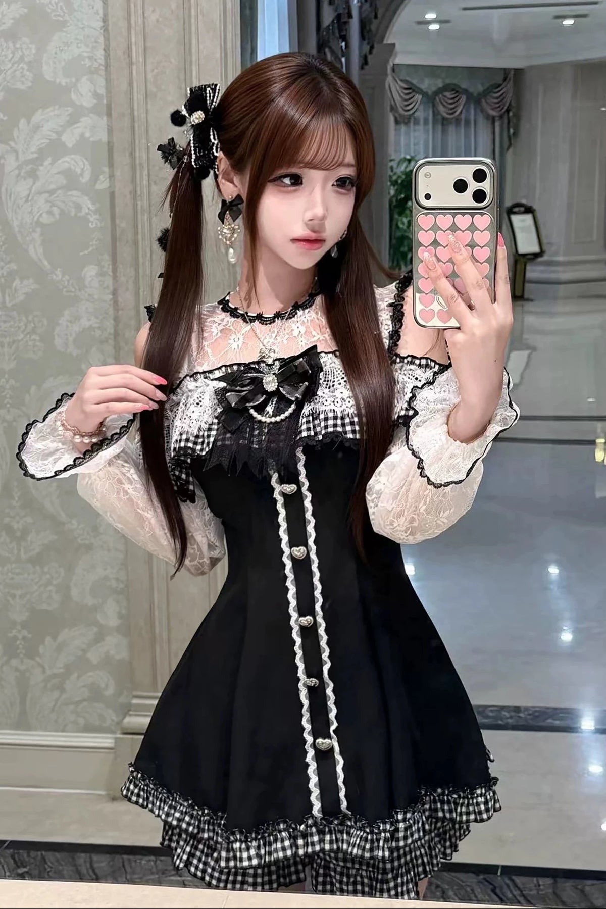 [Pre-order Deadline: November 15] Black and White Gingham Cold-Shoulder Long-Sleeve Lace Dress + Shorts + Bow Tie Set