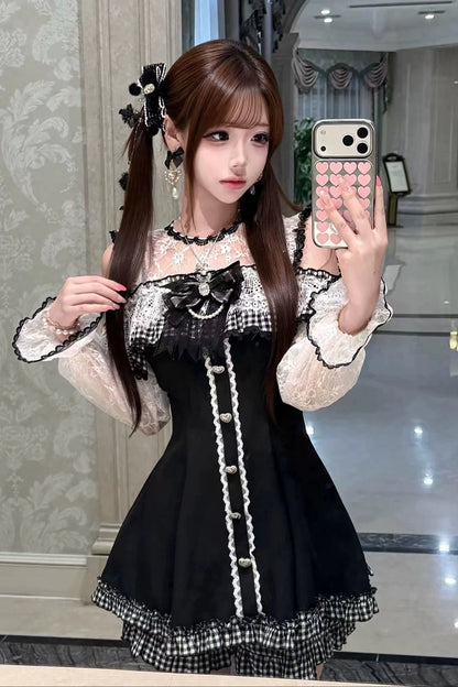 [Pre-order Deadline: November 15] Black and White Gingham Cold-Shoulder Long-Sleeve Lace Dress + Shorts + Bow Tie Set