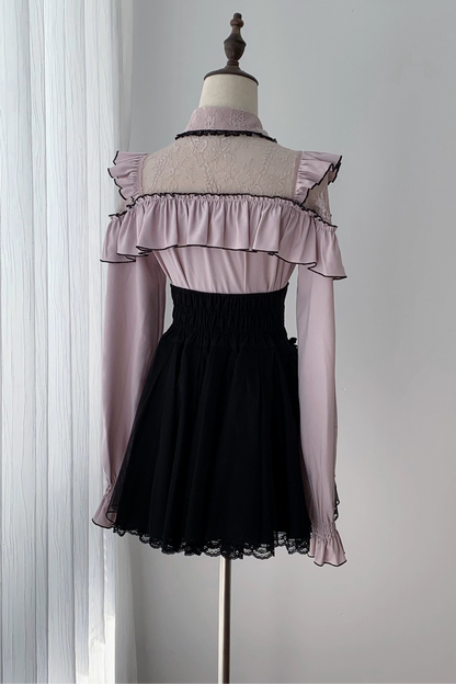 [Termine prenotazione 29 settembre] Blusa rosa in pizzo trasparente con volant e fiocco gioiello + gonna a sirena in tulle a strati + minigonna in pizzo con fiocco gioiello