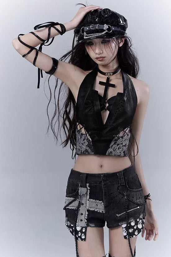 ダークレースパッチワークレザーキャミソール