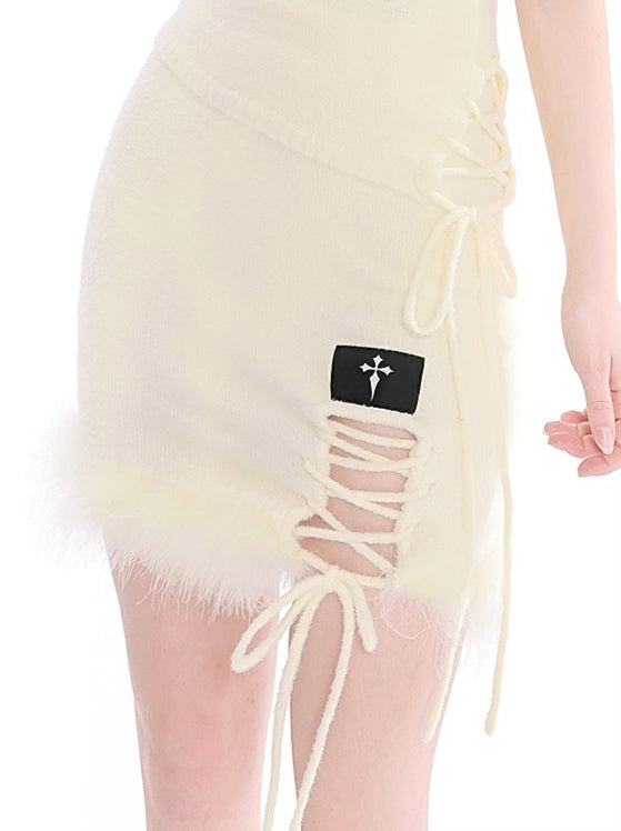 Real Feather Slit Strap Short Skirt