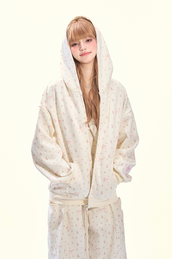 リトルキュートフラワーフードパーカー+リボンキャミソール+ワイドパンツ